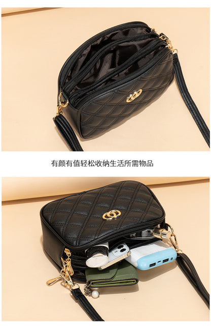 Large Capacity Three Zipper Crossbody Bag, New Fashionable and Simple Diamond Shaped Wave Embroidered Monochrome Camera Bag