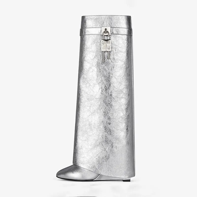 Women's new small round head trouser leg knee high metal lock buckle decoration silver wedge heel knee high boots