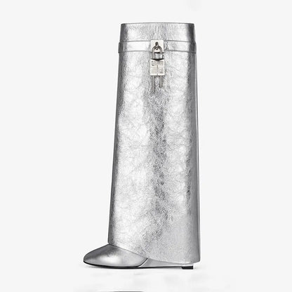 Women's new small round head trouser leg knee high metal lock buckle decoration silver wedge heel knee high boots