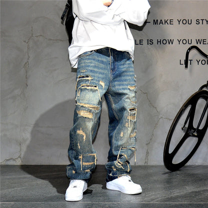 Mens Ripped Baggy Jeans Distressed Denim Streetwear Skateboard Pants Straight Leg Patchwork Oversized Urban Fashion Workwear