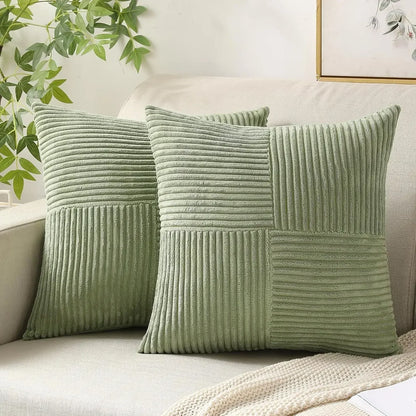 Green Luxury Corduroy Striped Square Cushion Covers 45*45CM Soft Splicing Throw Pillow Covers for Couch Bed Chair Home Decor