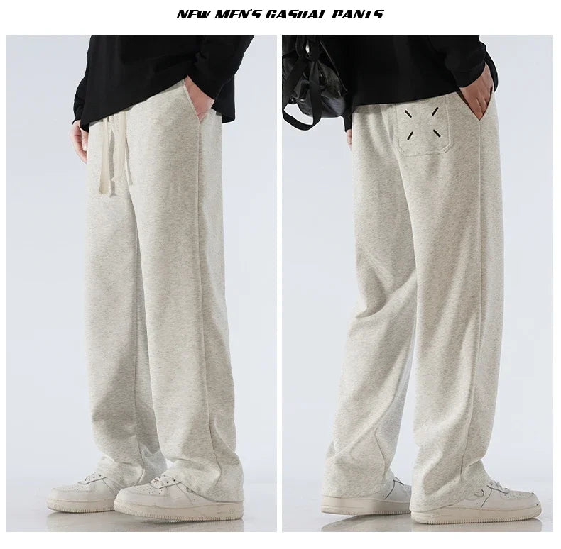 Men's Pants Wide Leg Cotton Fabric Straight Loose Outdoor Solid Color Knitted Sweatpants High-quality Soft Long Baggy Trousers