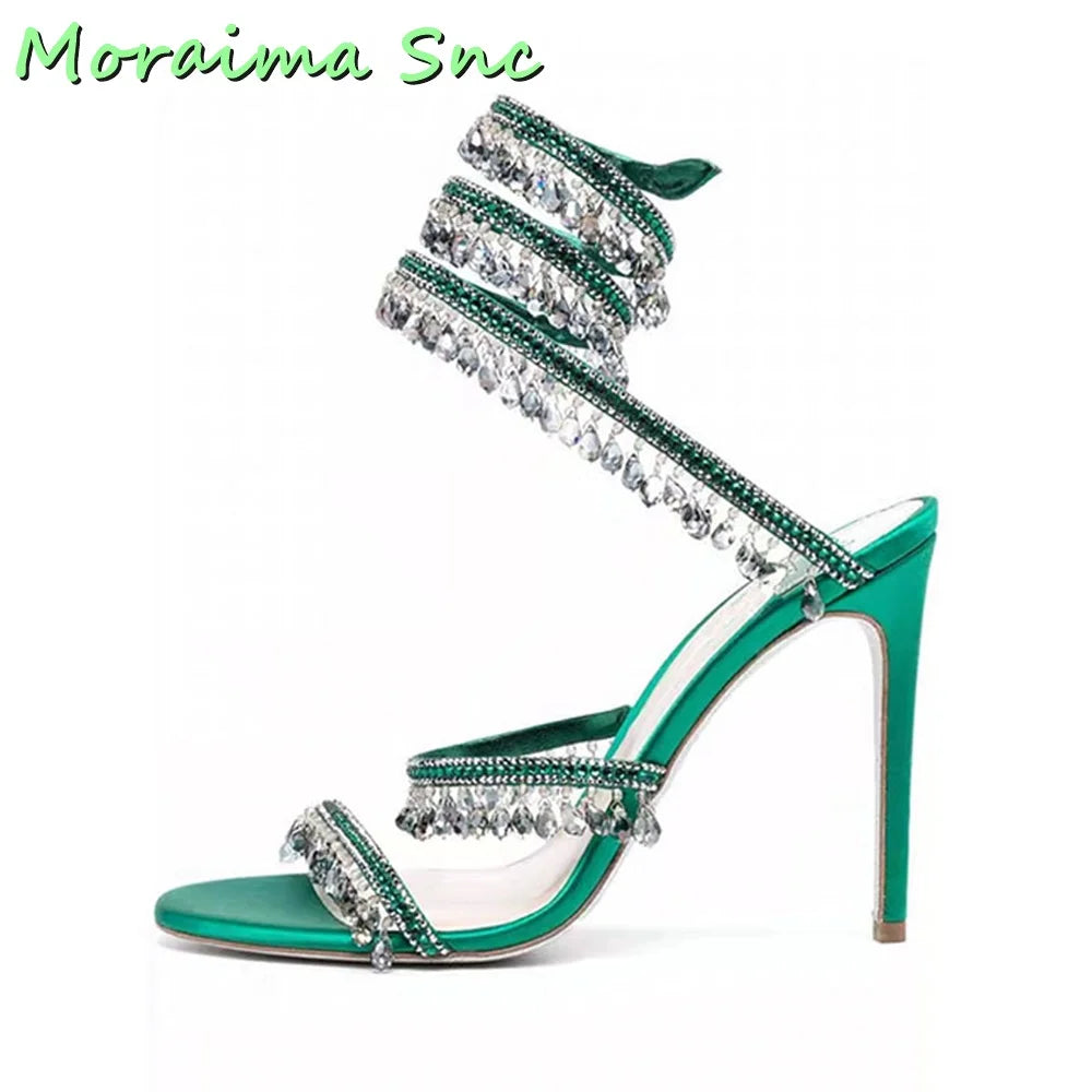 Sexy Luxury Crystal Bling Winding Sandals Stiletto High Heel Open Toe Green Solid Women Wedding Shoes Summer Dress Runway New