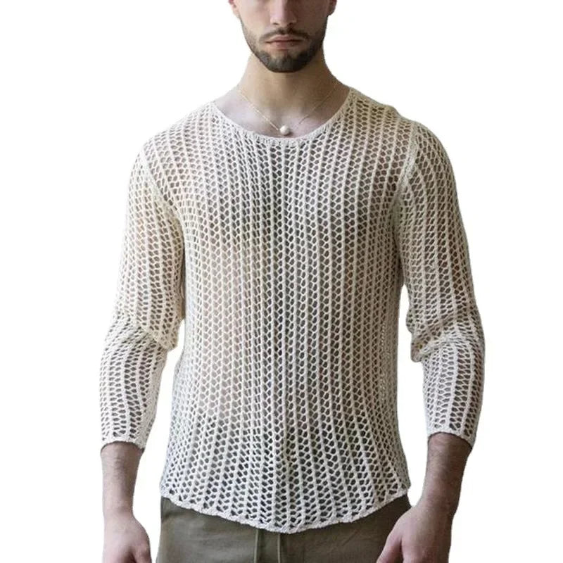 New Long-sleeved Sexy T-shirt Bottoming Shirt Fashion Woven Solid Color Knit Slim Mesh Tops Men Oversized T Shirt