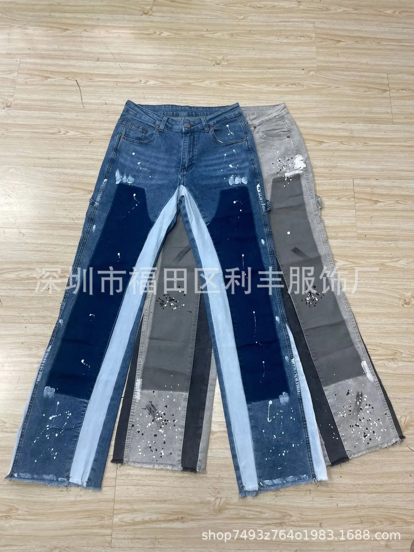 Men's Fashion Jeans Work Pants, European and American Fashion Workwear Elastic Patchwork Denim Layered Flared Pants S-XXL