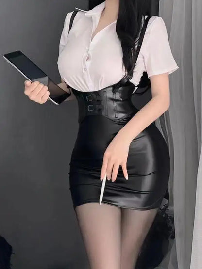 New Style Women Thin Soft Slim Wrap Buttock Secretary Uniform Sexy Leather Hirt Skirt Set Charm Mature Elegant Suspender UZDV