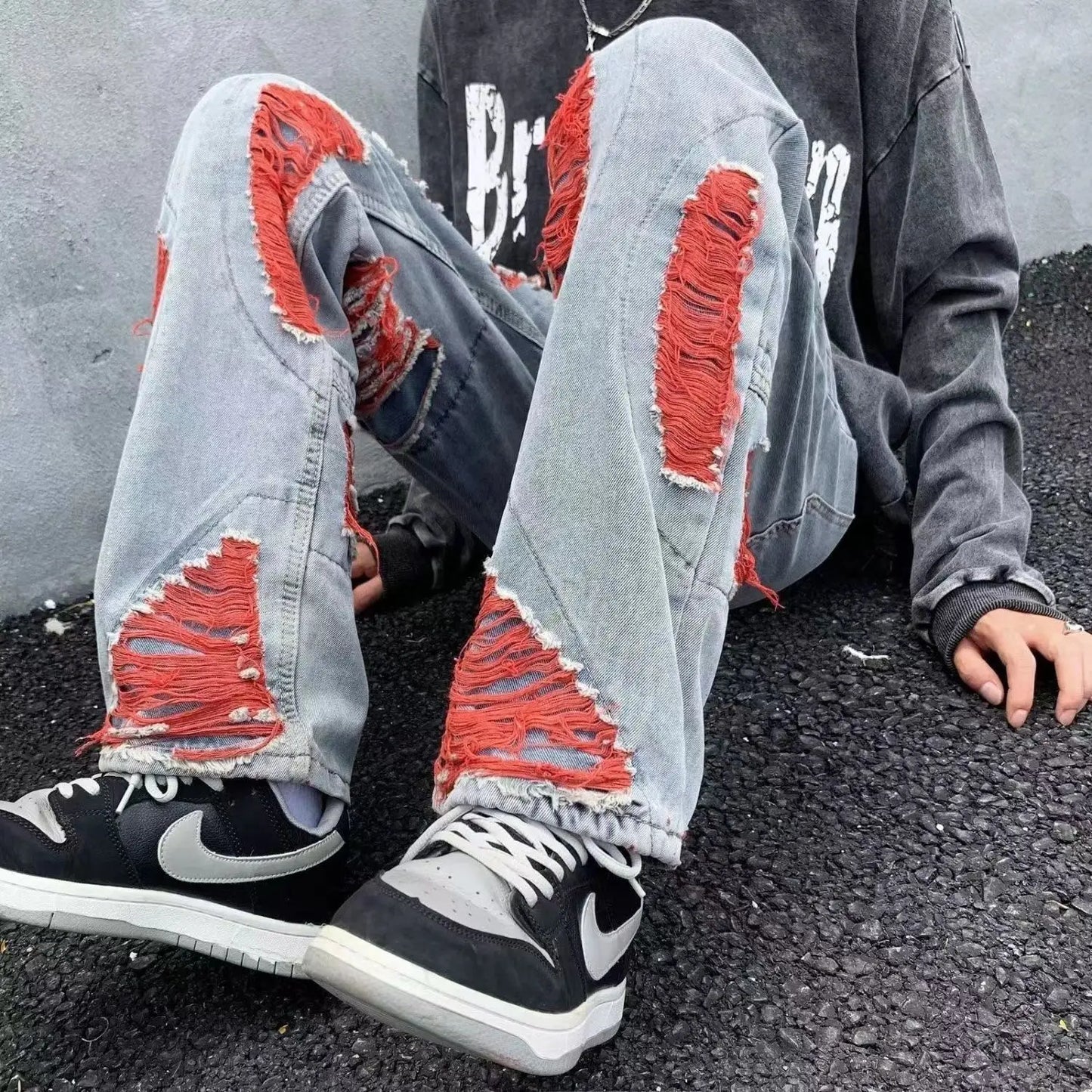 Autumn men's casual jeans American ins trend brand high street niche design Y2K retro washed distressed casual trousers hot sale