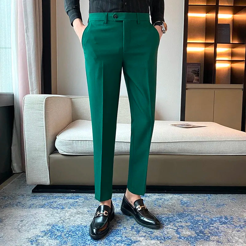 Green Elegant Elastic Mens Social Pants Skinny Cropped White Formal Stretch Pants Mens Trousers Office Slim Fit Party Club 2023