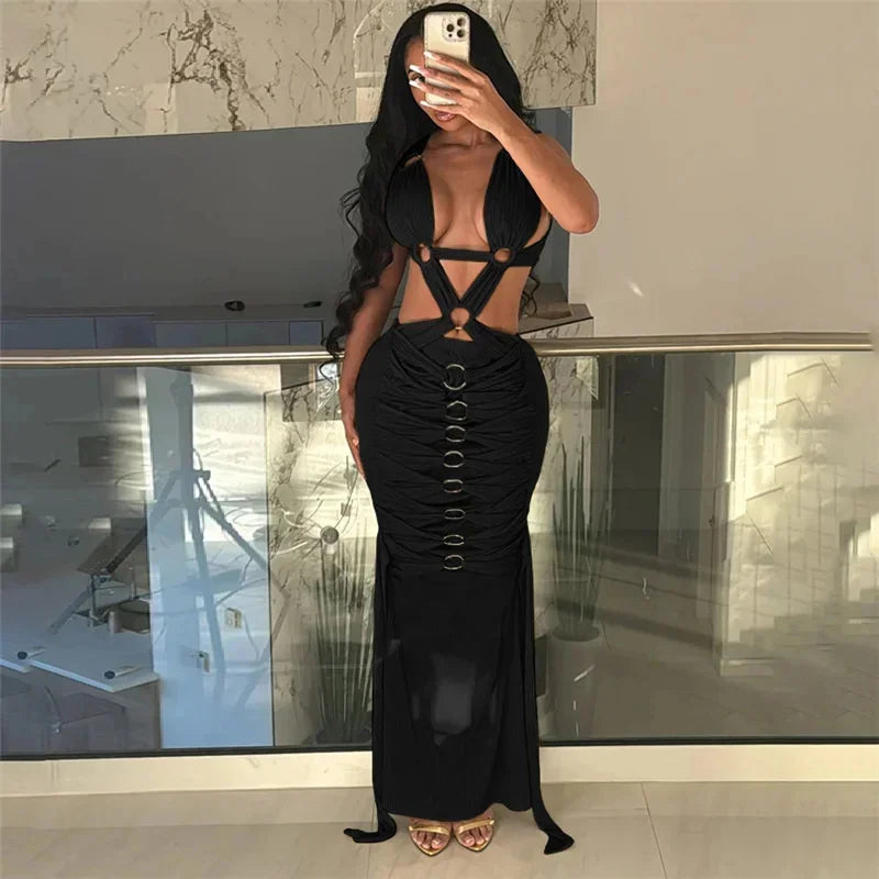 Sexy Hollow Out Backless Bandage Maxi Dress Chic Y2K Backless Sleeveless Stretch Robe Luxury Beach Party Bodycon Evening Dress