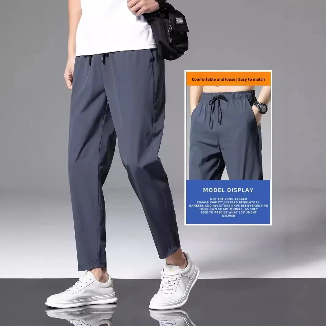 2022 New Men's Summer Ice Silk Versatile Casual Pants Thin Sports Trousers Straight Leg Nine Points Trousers For Men