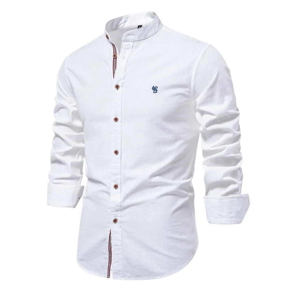 New 100% Cotton Linen Shirt Men Solid Color Embroidery Brand Shirts Blouses High Quality Long Sleeve Button Down Casual Tops