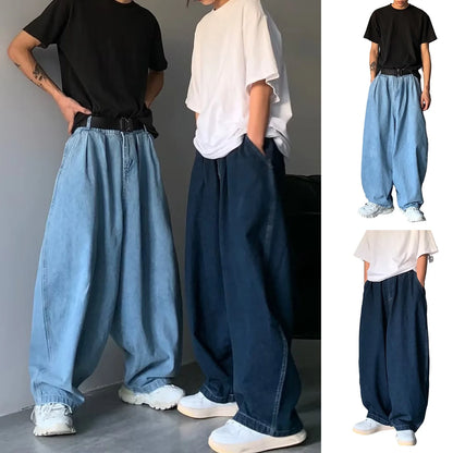 1Pc Trendy Oversize Jeans Zipper Fly/Drawstring Dressing Up Brushed Pants Thin Baggy Jeans Retro Wide Leg Man Pants Men Clothing