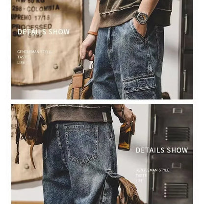 Men's Fashion Multi Pockets Design Cargo Trousers American Vintage Wide Leg Denim Pants Trend Cool Style Streetwear Jeans Male