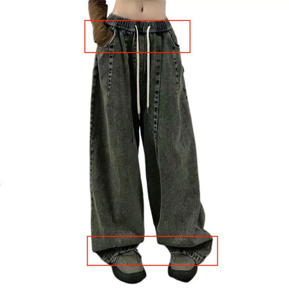 1Pc Trendy Oversize Jeans Zipper Fly/Drawstring Dressing Up Brushed Pants Thin Baggy Jeans Retro Wide Leg Man Pants Men Clothing