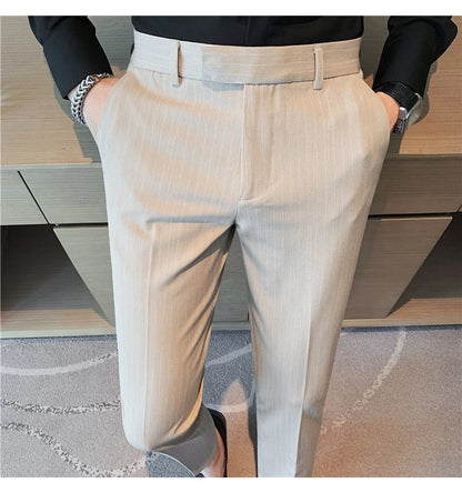 British Style Striped Slim Fit Suit Pant Men Business Casual Simple Dress Pants High Quality Social Wedding Party Trousers 38-28