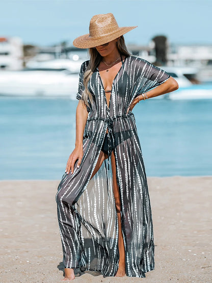 CUPSHE Leopard Print Maxi Length Kimono Bikini Cover Up For Women Short Sleeve Lace Up Long Beach Dress 2023 Summer Beachwear