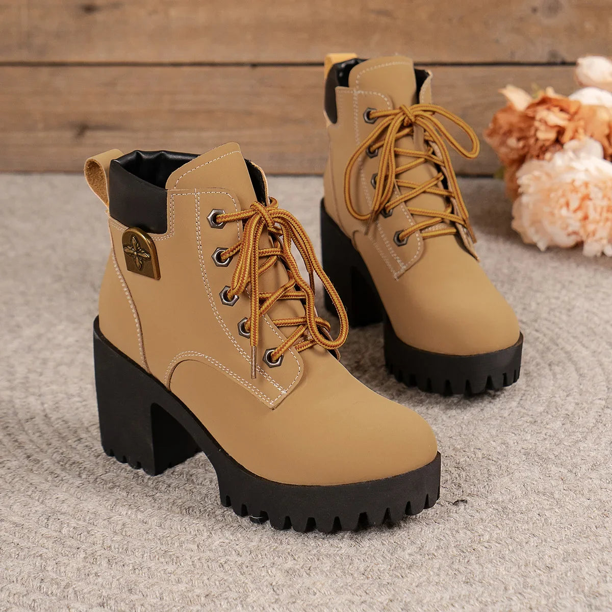 Women Retro Round Toe Chunky Heels Ankle Boots Autumn New High Heels Shoes Woman Lace Up Platform Short Booties Big Size 42