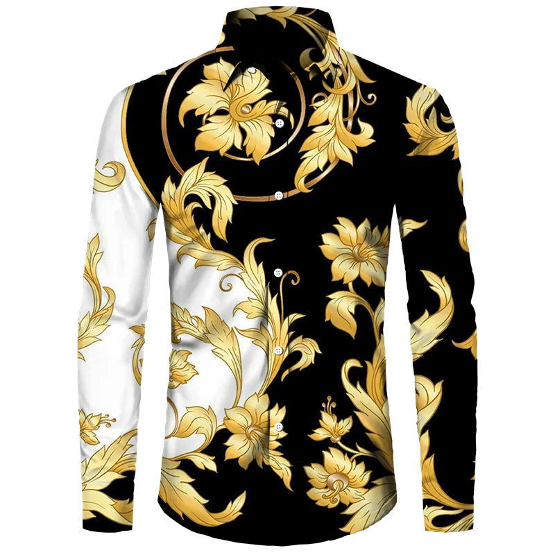 Golden Flower Pattern Print Men's Shirts Casual Single-Breasted Cardigan Long Sleeve Shirt Fashion Trend Tops Men Clothing