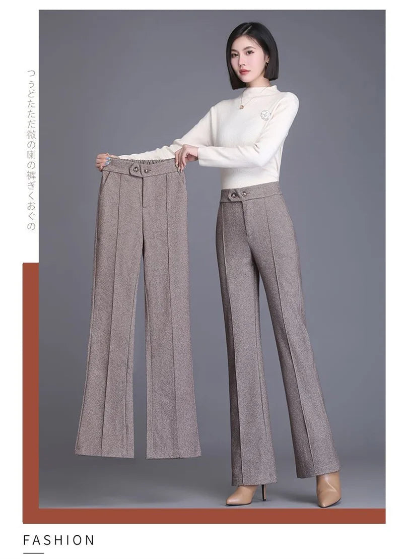 2024 Autumn Winter Women's Woolen Pants New Fashion High Waist Elastic Micro Flare Pants Slim Female Casual Wool Trousers 4XL