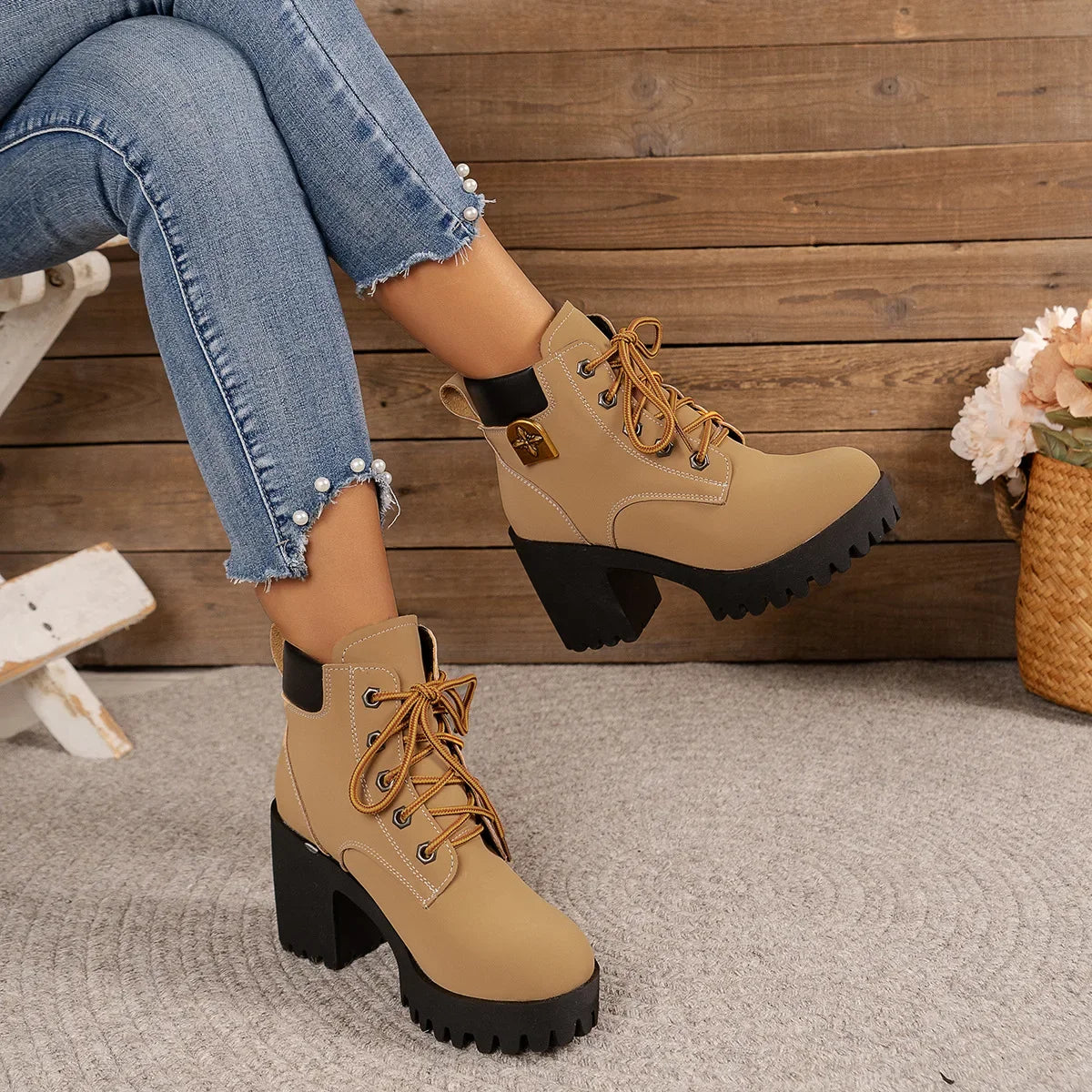 Women Retro Round Toe Chunky Heels Ankle Boots Autumn New High Heels Shoes Woman Lace Up Platform Short Booties Big Size 42