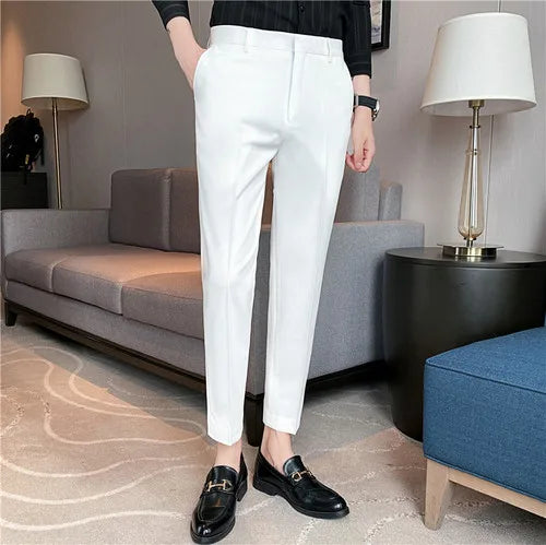 9 Color Summer Fashion Mens Suit Pants Pure Color Business Formal Pants Slim Fit Office Mens Wedding Social Ankle Long Trousers