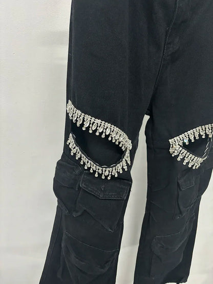 DEAT Fashion Women's Hollowed Out Diamond Denim Cargo Pants High Waist Multiple Pockets Elastic Jeans Female 2024 Autumn New