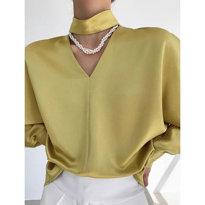 Lantern Sleeve Satin Shirt Elegant Loose Women Tops and Blouses 2024 Autumn