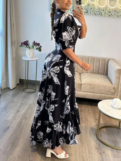 Women Floral Print Long Dress Summer Casual  Turn-down Collar Half Sleeve Loose Big Swing Dress Female Vintage  Beach Maxi Dress