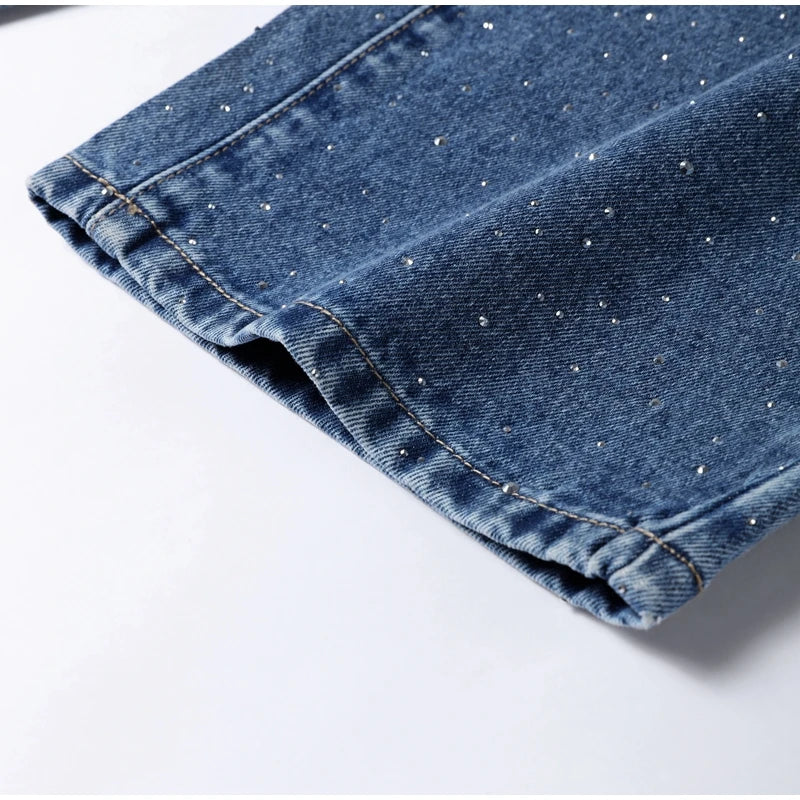 Rhinestone Wide Leg Lady Jeans Diamonds Denim Straigt High Waist Zipper Female Pants 2025 Fashion Pockets Street Lady Trouser