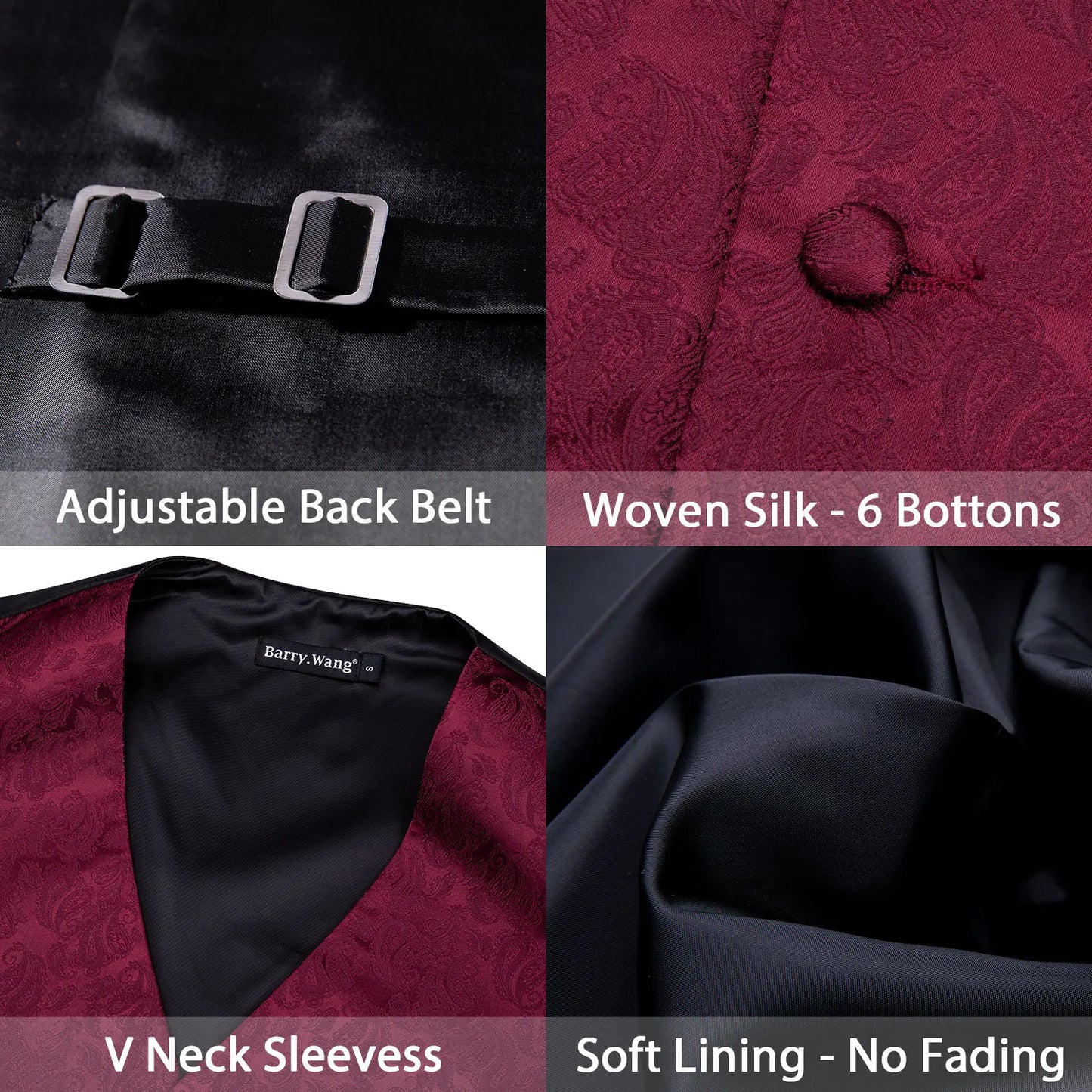 Designer Vest for Men Silk Embroidered Red Burgundy Paisley Waistcoat Tie Pocket Square Set Slim Fit Wedding Suit Barry Wang