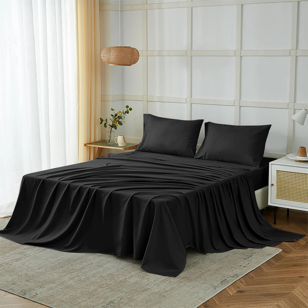 Four-Piece Solid Beding Set Luxury 100% Polyester Cooling Bed Sheets Set Soft Fitted sheet & Bed Sheet & Pillowcases