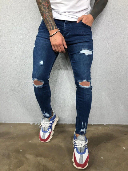 Fashion Street Style Ripped Skinny Jeans Men Vintage wash Solid Denim Trouser Mens Casual Slim fit pencil denim Pants hot sale