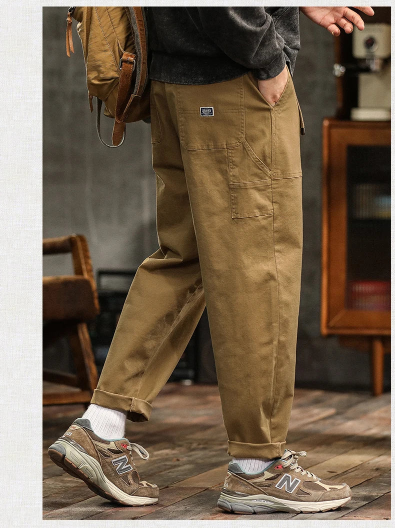 HIQOR Mens Clothing Spring Autumn Cargo Pants Man Cotton Casual Loose Trouser Belt Mid Waist Joggers Male Straight Baggy Pants