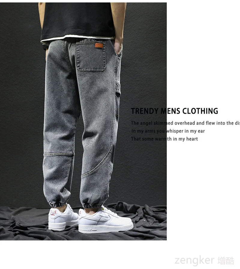 Men's drawstring jeans spring and autumn loose work pants fashion laced Harun plus size casual pants tide 140kg