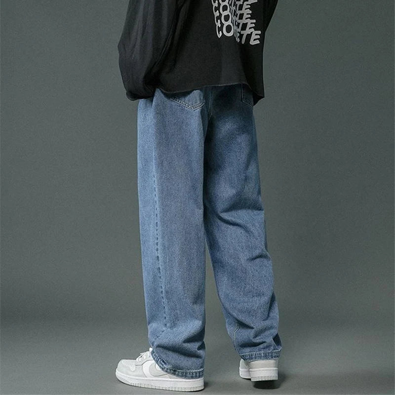 Korean Men's Casual Hip Hop Long Baggy Jeans Classic Man Straight Wide Leg Denim Pants Light Blue Grey Black Streetwear Trousers