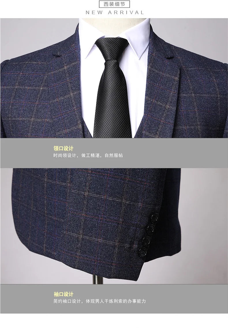 2025 New Men's Three-pieces Fashion Plaid Slim Business Party Formal Elegant Blazer Sets (Jacket+Pants+Vest) Prom Wedding Groom