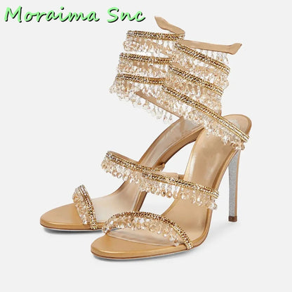 Sexy Luxury Crystal Bling Winding Sandals Stiletto High Heel Open Toe Green Solid Women Wedding Shoes Summer Dress Runway New