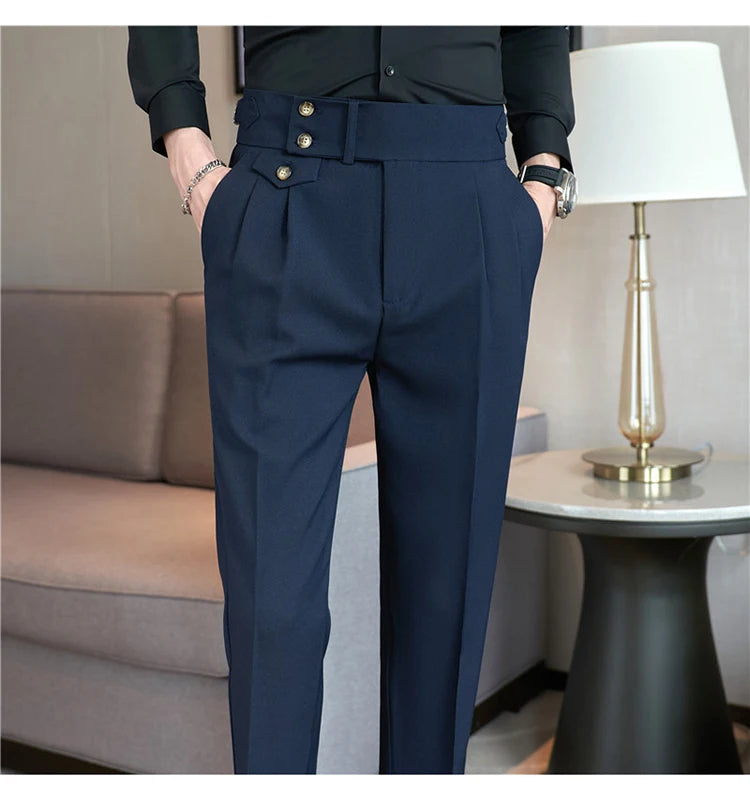 British Style Pants Men High Waist Belt Design Casual Slim Formal Office Dress Pant Men Social Wedding Party Dress Suit Trousers