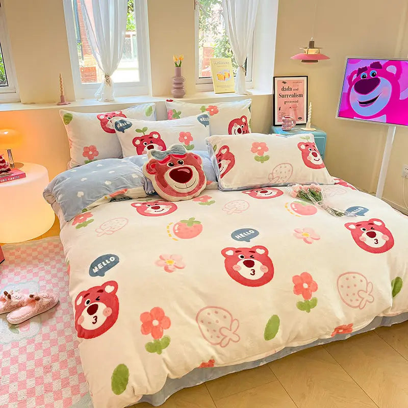 Buzz Lightyear Pooh Bear Stitch Lotso Mickey New Creative Cartoon Print Warm Milk Velvet Sheets and Quilt Covers Four-piece Set