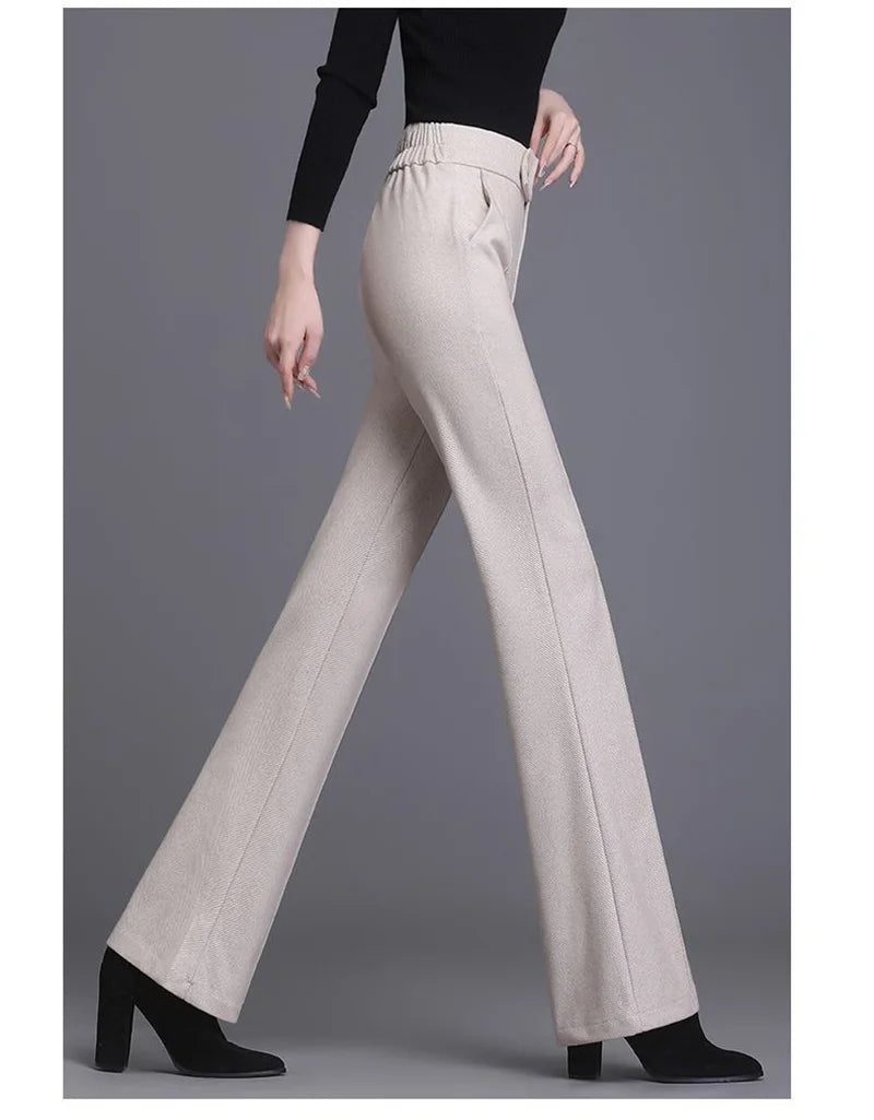 2024 Autumn Winter Women's Woolen Pants New Fashion High Waist Elastic Micro Flare Pants Slim Female Casual Wool Trousers 4XL