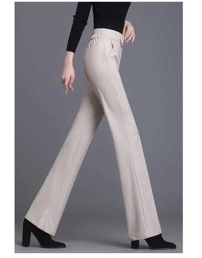 2024 Autumn Winter Women's Woolen Pants New Fashion High Waist Elastic Micro Flare Pants Slim Female Casual Wool Trousers 4XL