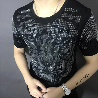 New Summer Men's T-Shirt Tiger Design Diamond Hot Drills Harajuku Sweatshirt Casual Cotton O-Neck Tops Short Sleeve Tee