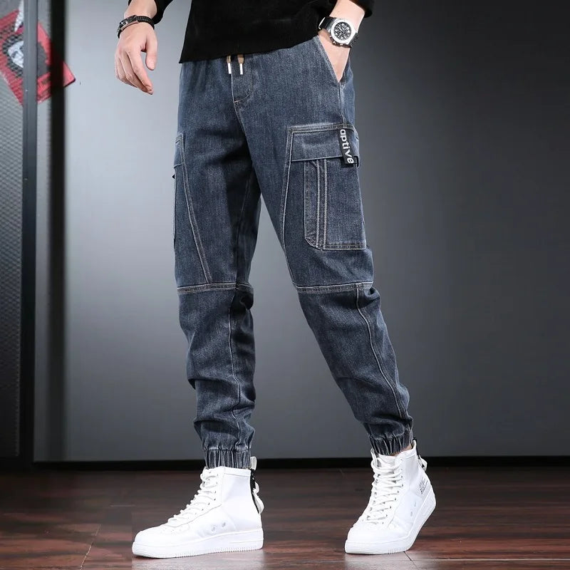 Autumn Jeans Men Baggy Cargo Pants Streetwear Hip Hop Casual Blue Gray Elastic Waist Denim Trousers CP2013