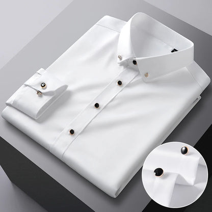 Elegant Men's Long Sleeve Dress Shirt - Silk-Feel, Stretch Fabric with Diamond Buttons, - Perfect for Formal Occasions & Parties