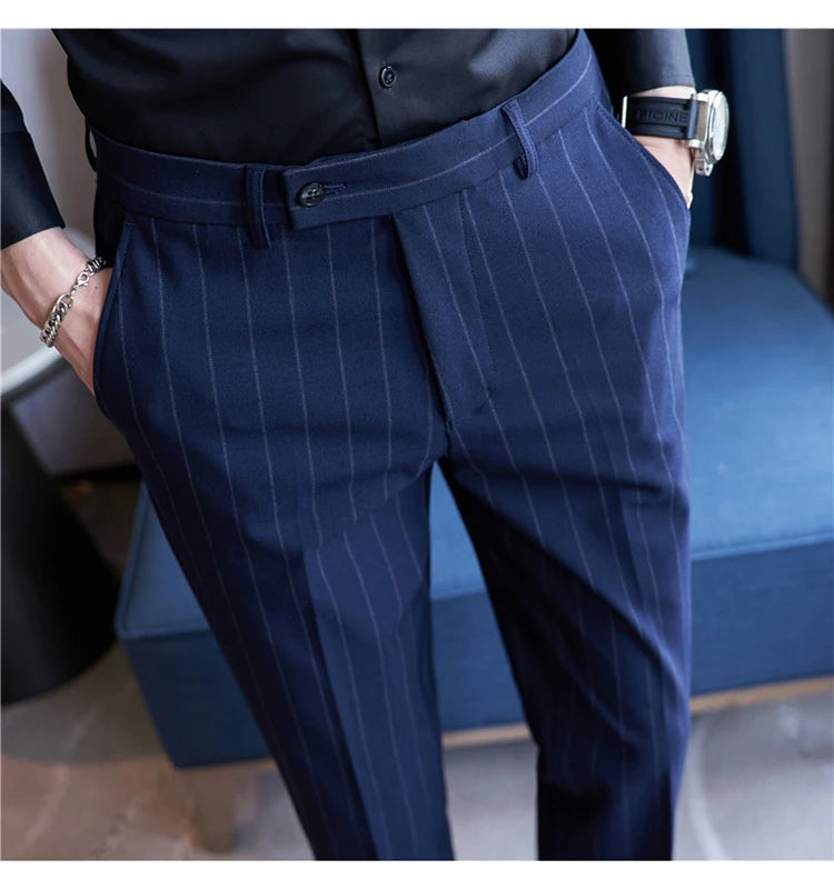 Men's Striped Suit Pants Elastic 2024 Autumn New Social Casual Trousers Slim Fit Suit Pants Business Office Wedding Men Clothing