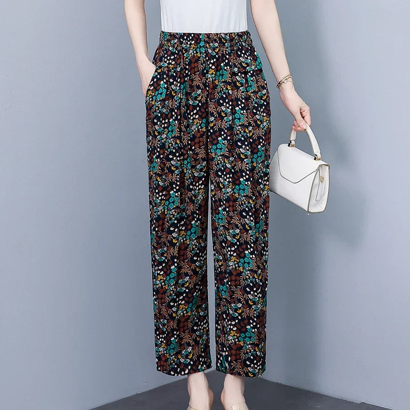 Women Pants High Waist Loose Print Summer Pants for Women Elastic Waist Vintage Clothing