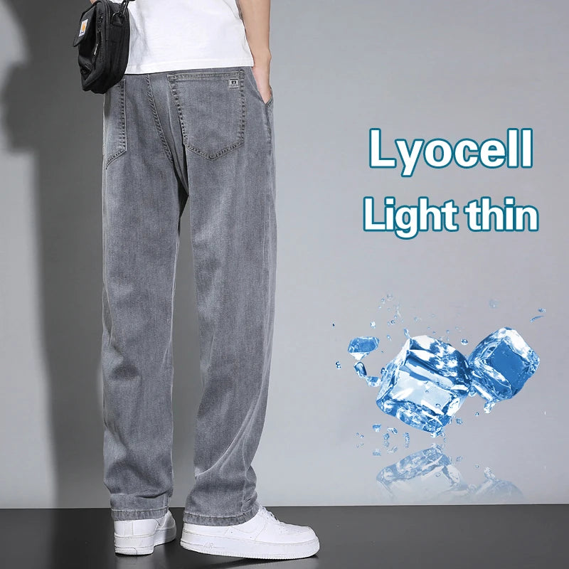 Summer Thin Men's Straight Loose Gray Jeans Soft Fabric Lyocell Fabric Light Colored Casual Pants Male Brand Trousers