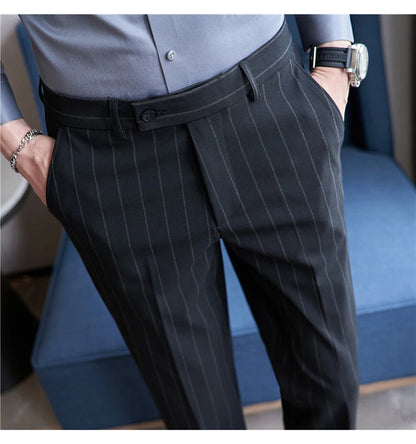 Men's Striped Suit Pants Elastic 2024 Autumn New Social Casual Trousers Slim Fit Suit Pants Business Office Wedding Men Clothing