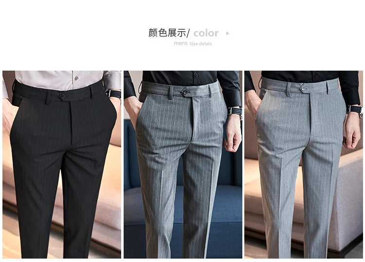 Autumn Winter Thickened Striped Suit Pant Men Business Slim Fit Long Pants Formal Office Social Party Casual Pants Streetwear