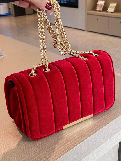 Neon Red Flap Chain Square Bag Velor Leather Fashionable Dating Gift Shoulder & Crossbody Bag With Chain Strap For Women